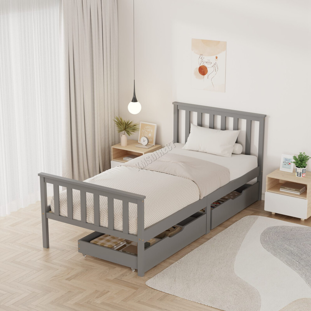 (Grey) WestWood Wooden Single Bed Frame with Storage Drawer Kids Adult Sturdy Bed Base
