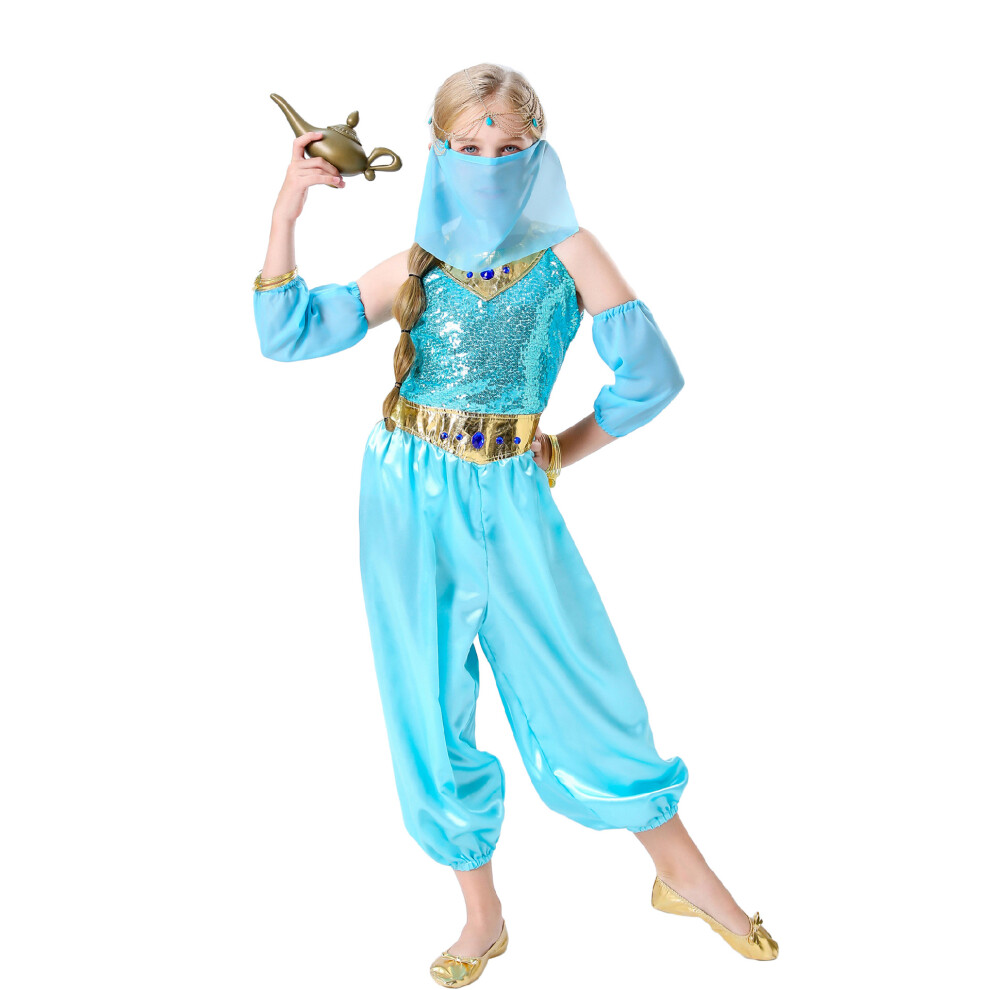 (S(110-120cm)) Girls Jasmine Costume Arabian Princess Dress for Halloween & Stage Performance