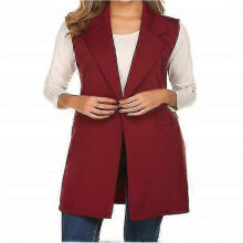 (L, red) Women"s Sleeveless Long Blazer Open Front Trench Vest Casual Lapel Blazer