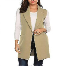 (M, Khaki) Women"s Sleeveless Long Blazer Open Front Trench Vest Casual Lapel Blazer