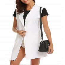 (L, white) Women"s Sleeveless Long Blazer Open Front Trench Vest Casual Lapel Blazer