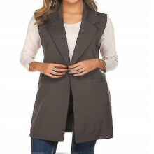 (2XL, grey) Women"s Sleeveless Long Blazer Open Front Trench Vest Casual Lapel Blazer