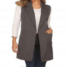 (XL, grey) Women"s Sleeveless Long Blazer Open Front Trench Vest Casual Lapel Blazer