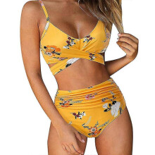 (XXL) Swimwear Women High Waist Swimsuit Push Up Bikini Woman Yellow Cross Bandage Bathing Suit Female Bikini Set Plus Size