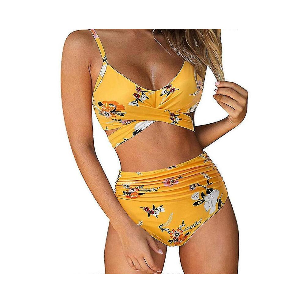 (XL)Swimwear Women High Waist Swimsuit Push Up Bikini Woman Yellow Cross Bandage Bathing Suit Female Bikini Set Plus Size