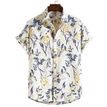(M, Yellow) Men's Short Sleeve Hawaiian Shirt Front Button Casual Vacation Style Tee Tops