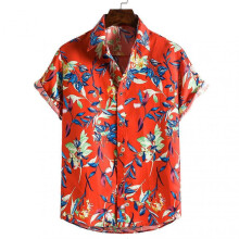 (M, Red) Men's Short Sleeve Hawaiian Shirt Front Button Casual Vacation Style Tee Tops