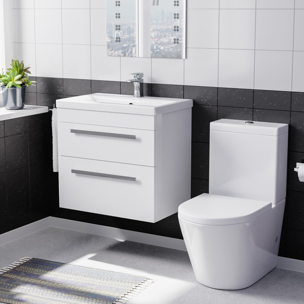 Nes Home White 600Mm Wall Hung 2 Drawer Vanity Cabinet Unit & Close Coupled Toilet