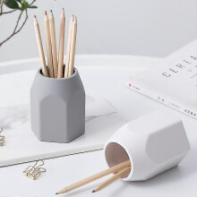 Set of 2 Silicone Pen Holder Silicone Pen Cup Creative Design Geometric Pen Holder Makeup Brush Holder for Office School Home (White and Gray)