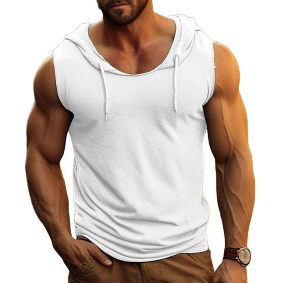 (white, XXL) Men's Hooded Tank Top Solid Color Sleeveless T-shirt Fitness Singlet Bodybuilding Vest Muscle Tee For Sports Gym Daily Wear