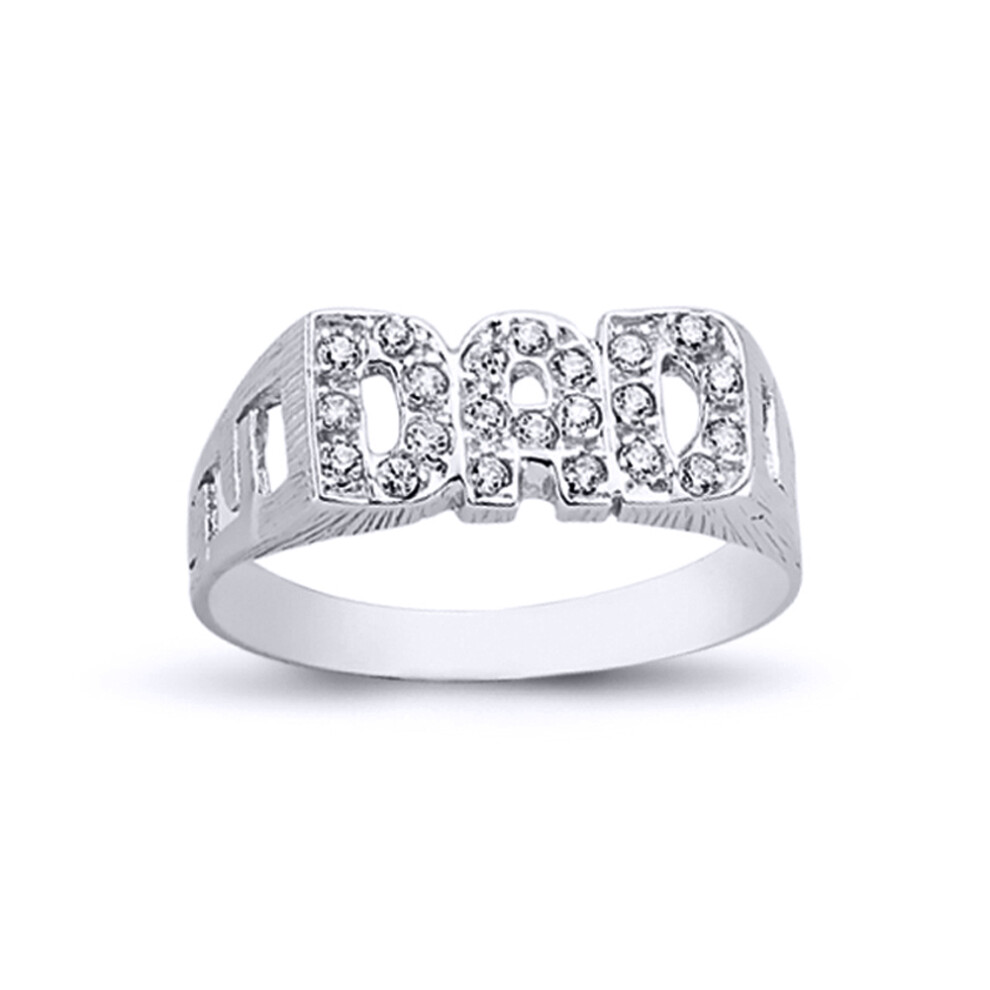 (Y) Jewelco London Mens Rhodium Plated Sterling Silver Round Cubic Zirconia DAD Signet ID Ring 8mm