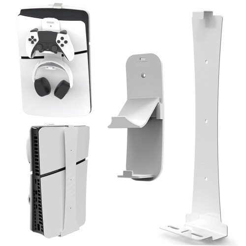 Für PS5 Slim Host-Wandhalterung mit Controller-Headset-Hakenhalter (weiß)