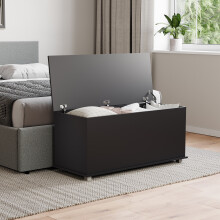 (Black) Leon Room Storage Ottoman Wood Bench Stool