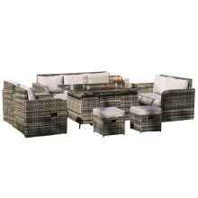 Alivio 9-Seater Rattan Furniture Set with Fire Pit Table &amp; UV Cushions (Grey)