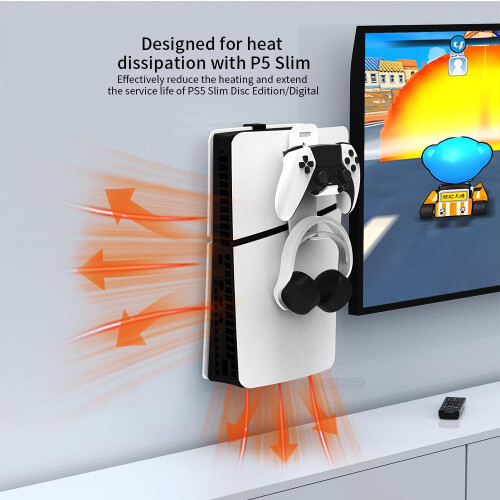 Supporto da parete per PS5 Slim Host con gancio per cuffie e controller (bianco) 2