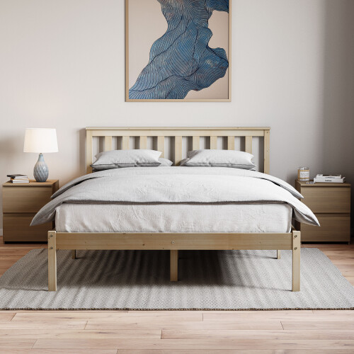 Home Discount (Double, Pine) Milan Wood Bed Frame Low Foot Solid Pine Slatted 2