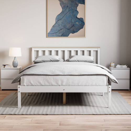Home Discount (Double, White & Pine) Milan Wood Bed Frame Low Foot Solid Pine Slatted 2