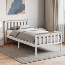 (Single, White & Pine) Milan Wood Bed Frame High Foot Solid Pine Slatted