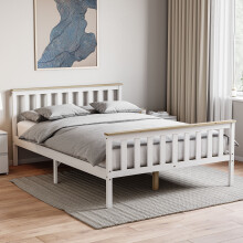 (Double, White & Pine) Milan Wood Bed Frame High Foot Solid Pine Slatted