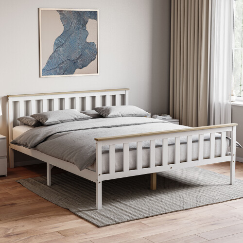 Home Discount (King Size, White & Pine) Milan Wood Bed Frame High Foot Solid Pine Slatted