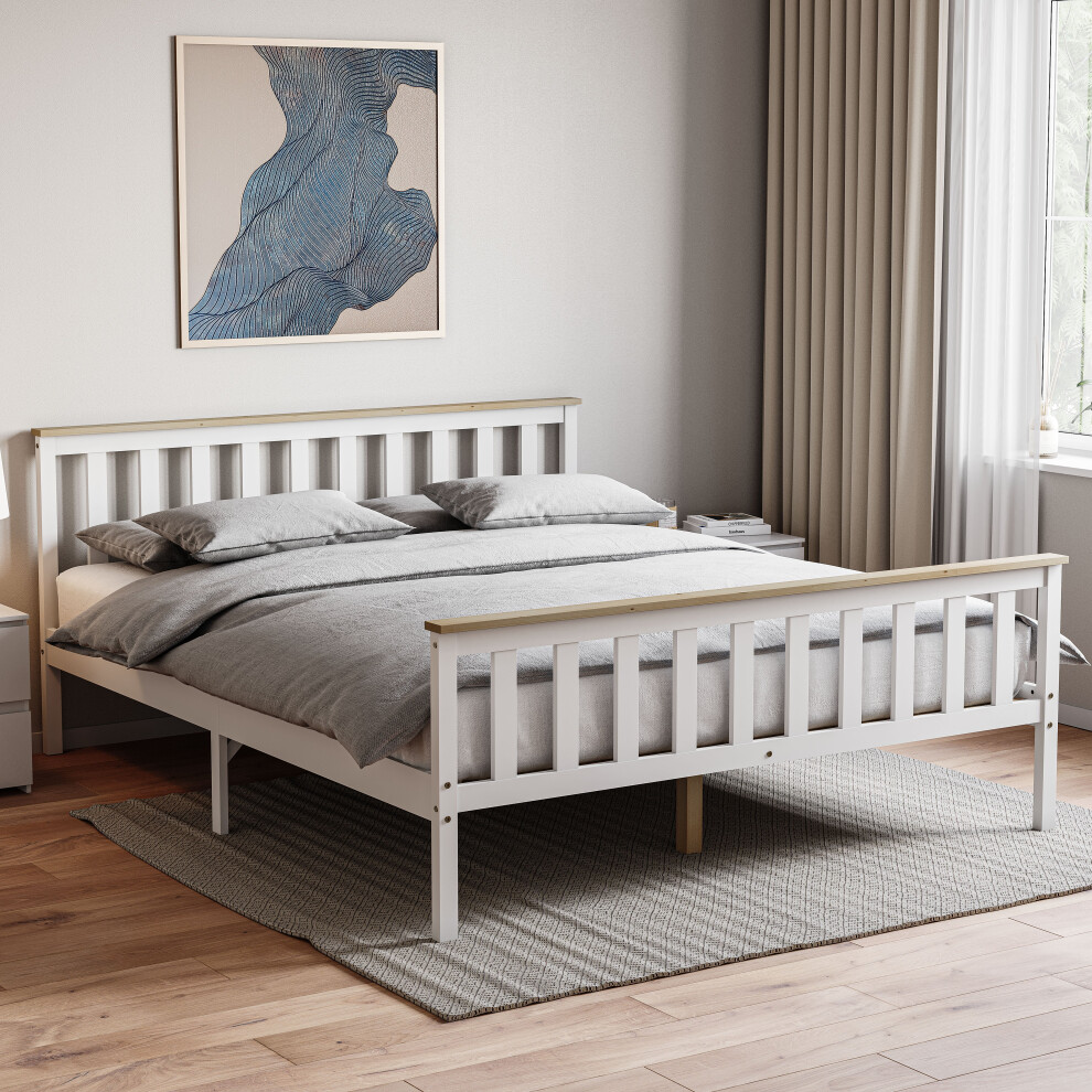 (King Size, White & Pine) Milan Wood Bed Frame High Foot Solid Pine Slatted