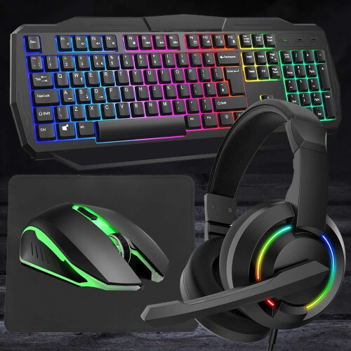 Gaming Keyboard Mouse And Headset Set Pad Rainbow LED USB Bundle PC Laptop