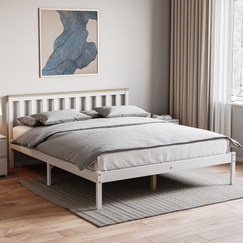 Home Discount (King Size, White & Pine) Milan Wood Bed Frame Low Foot Solid Pine Slatted