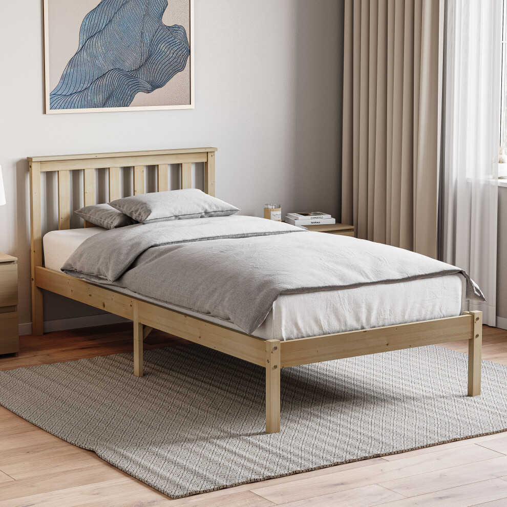 (Single, Pine) Milan Wood Bed Frame Low Foot Solid Pine Slatted