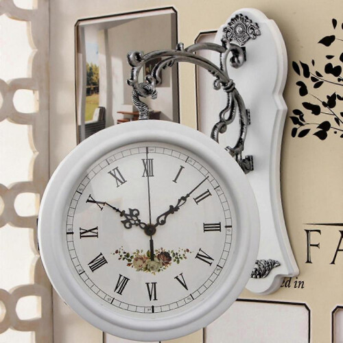 (White) Double Sided Wall Clock Study Living Room Indoor Outdoor Station Clock 1