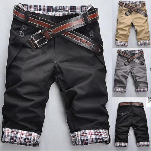 (M, Black) Men Plaid Patchwork Pockets Buttons Fifth Pants Loose Beach Shorts 1
