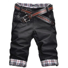 (M, Black) Men Plaid Patchwork Pockets Buttons Fifth Pants Loose Beach Shorts
