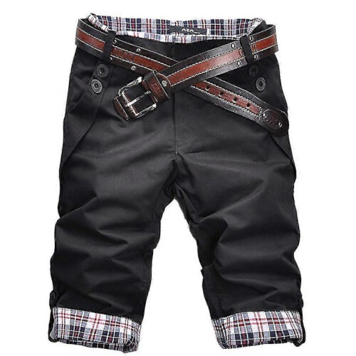 (M, Black) Men Plaid Patchwork Pockets Buttons Fifth Pants Loose Beach Shorts