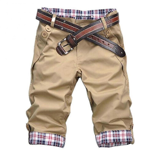 (M, Khaki) Men Plaid Patchwork Pockets Buttons Fifth Pants Loose Beach Shorts