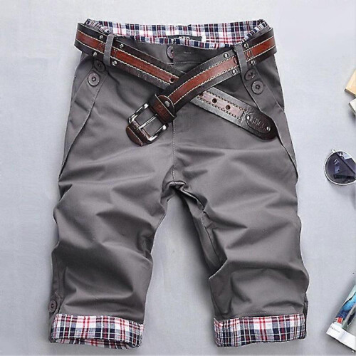 (M, Khaki) Men Plaid Patchwork Pockets Buttons Fifth Pants Loose Beach Shorts 2
