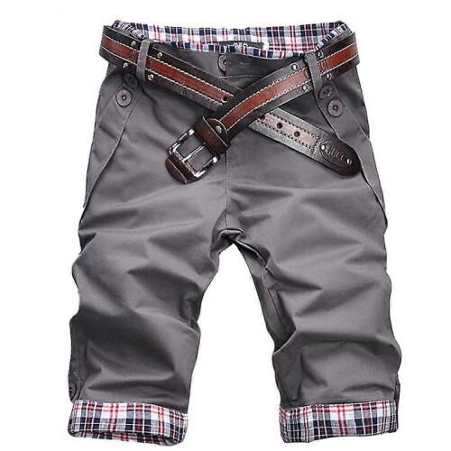 (3XL, Grey) Men Plaid Patchwork Pockets Buttons Fifth Pants Loose Beach Shorts