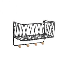 (Black S) Metal Wooden Wall Mount Shelf Rack Basket Hooks Book Holder Storage Organizer