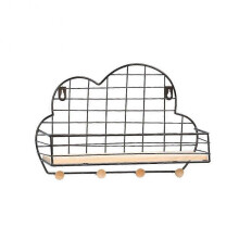 (Black Cloud) Metal Wooden Wall Mount Shelf Rack Basket Hooks Book Holder Storage Organizer