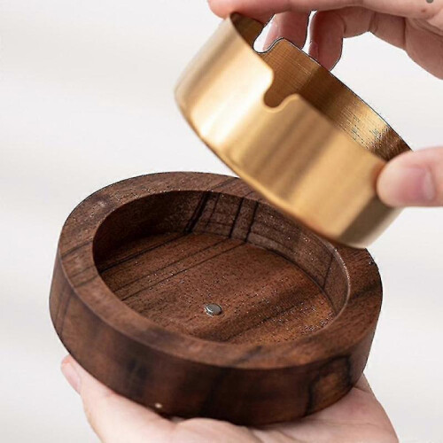 Walnut Ashtray with Lids Windproof Wooden Ashtray(gold) 2