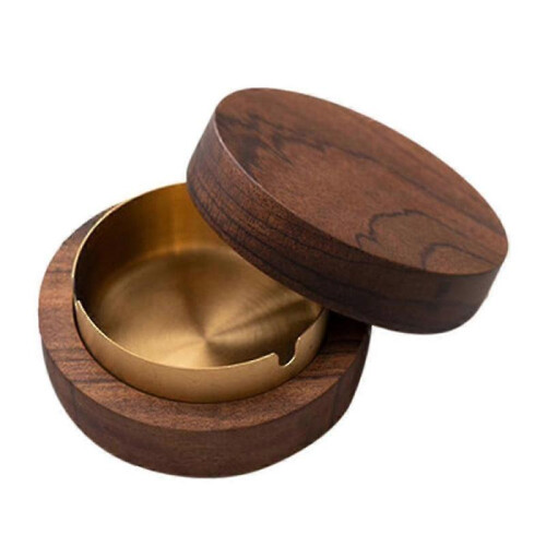 Walnut Ashtray with Lids Windproof Wooden Ashtray(gold)