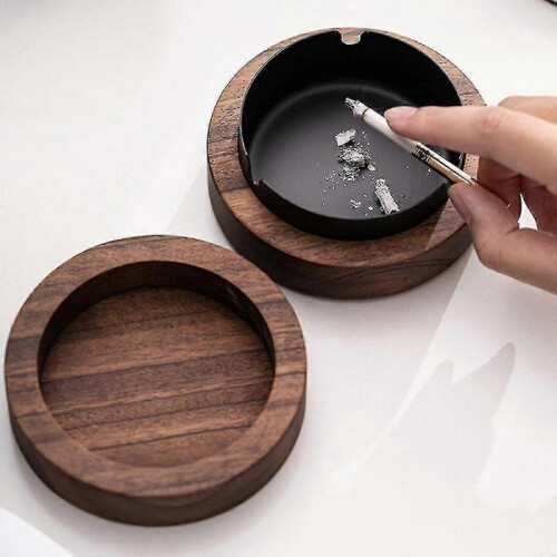 Walnut Ashtray with Lids Windproof Wooden Ashtray(gold) 1