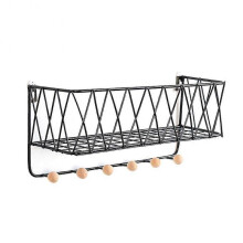 (Black L) Metal Wooden Wall Mount Shelf Rack Basket Hooks Book Holder Storage Organizer