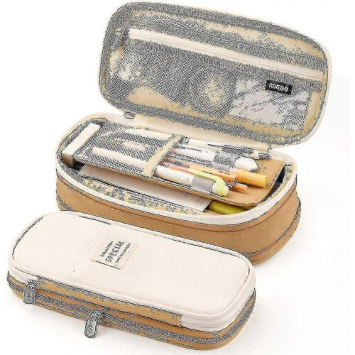 (Khaki) Large Capacity Pencil Case Large Capacity Storage Bag Storage Box