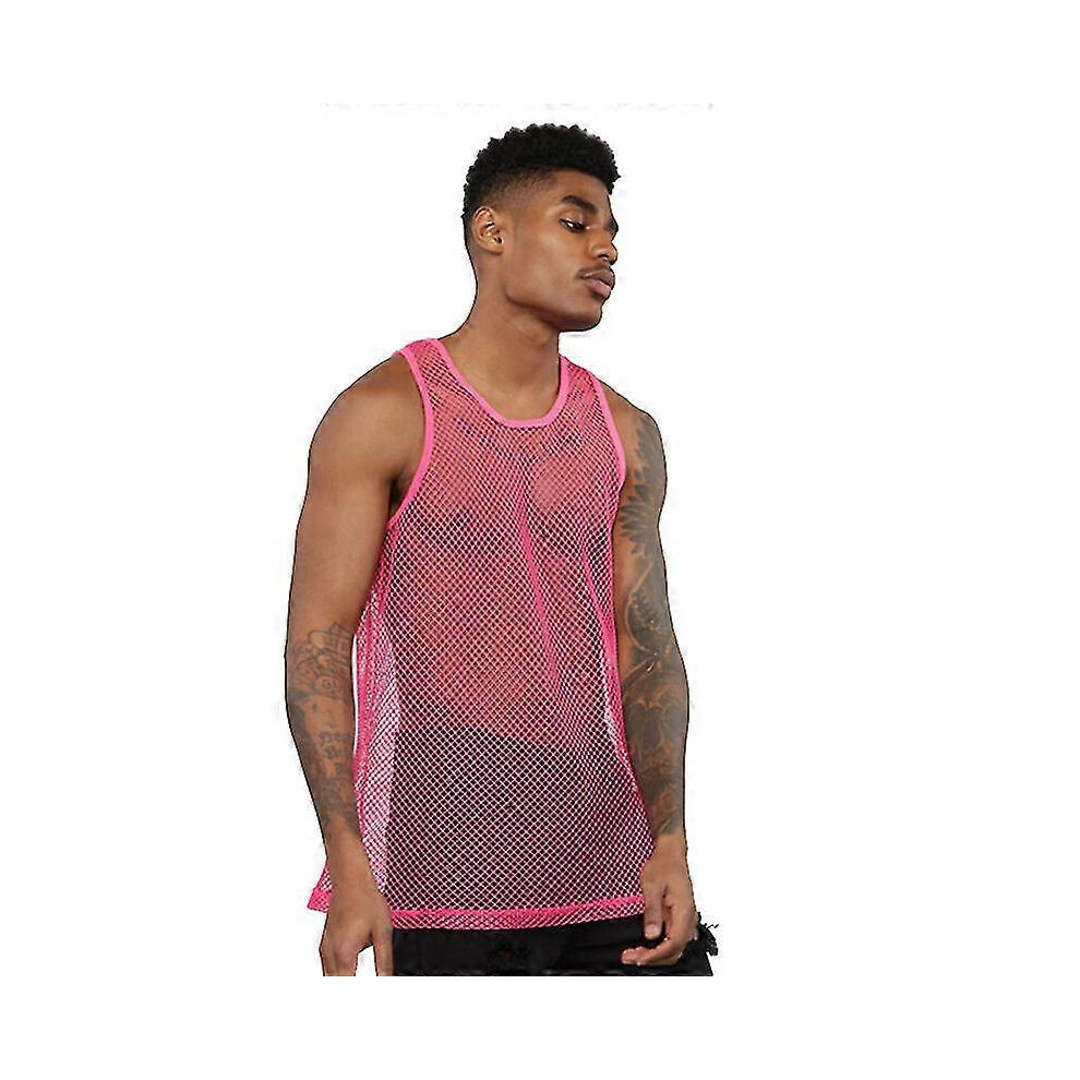 (XL,Rose Red)Men's Mesh Fishnet See Through Shirt Short Sleeve Muscle Undershirts Tee Tops Zekai