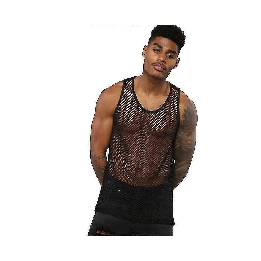 (XL,Black)Men's Mesh Fishnet See Through Shirt Short Sleeve Muscle Undershirts Tee Tops Zekai