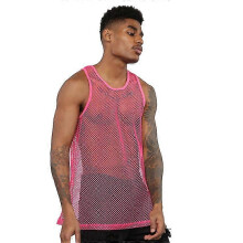 (L, Rose Red) Men's Mesh Fishnet See Through Shirt Short Sleeve Muscle Undershirts Tee Tops Zekai