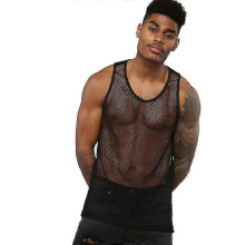 (L, Black) Men's Mesh Fishnet See Through Shirt Short Sleeve Muscle Undershirts Tee Tops Zekai