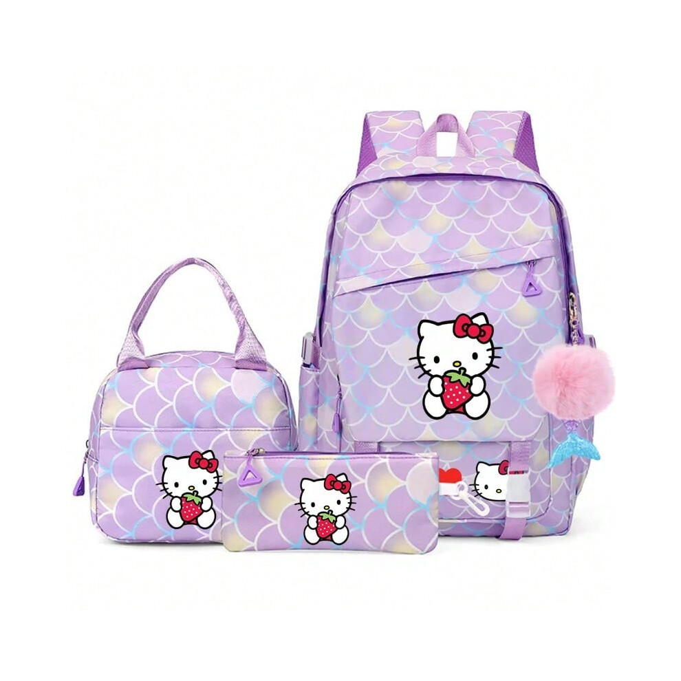 (018) 3Pcs Hello Kitty Fish Scale Kids Backpacks With Mermaid Pendant Lunch School Bag Children Schoolbag For Girls Sets-image-OPC-PHNTRTM-NEW