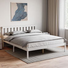 (King Size, White) Milan Wood Bed Frame Low Foot Solid Pine Slatted