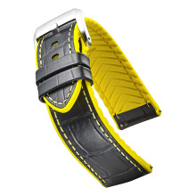 ALPINE Genuine Leather Watch Strap with Silicone Waterproof Lining and Quick Release Steel Spring Bars - watch band color - black/yellow - 20 mm