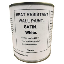 1 x 500ml Satin White Heat Resistant Wall Paint. Wood Burner Stove Alcove. Brick, Concrete, Plaster, Cement Board, Rendering, Metal, Timber etc.